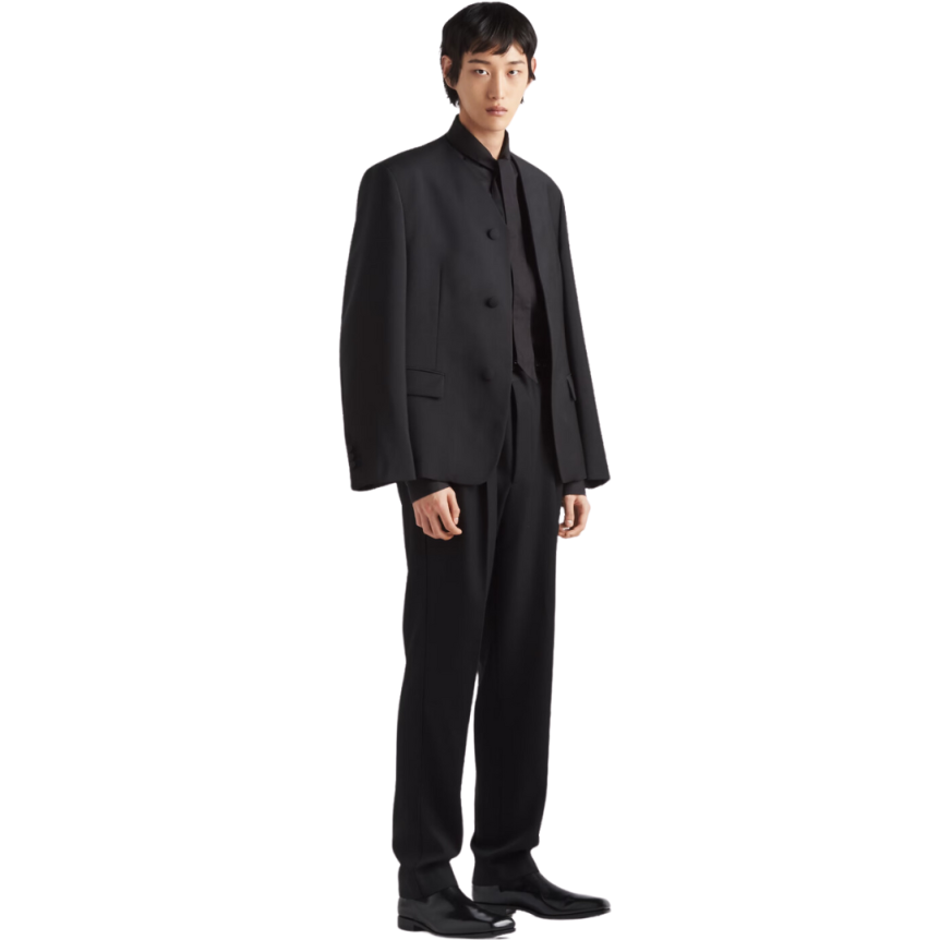 Veste sans col PRADA laine mohair noir Logo triangle maille dos