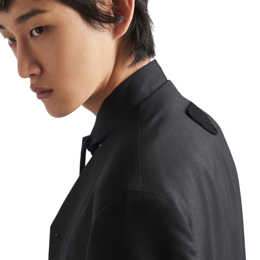 Veste sans col PRADA laine mohair noir Logo triangle maille dos