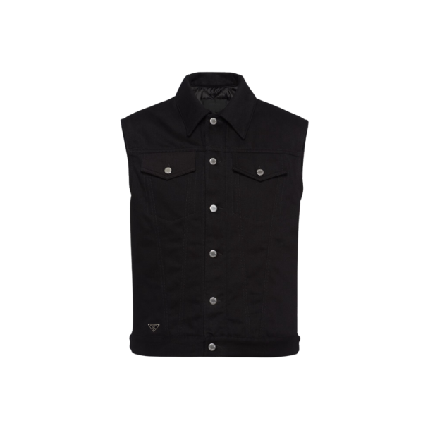 Gilet sans manches PRADA denim coton noir logo triangle métal
