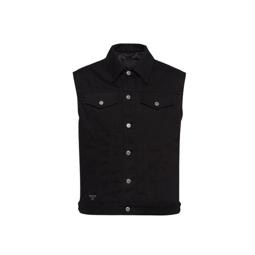 Gilet sans manches PRADA denim coton noir logo triangle métal