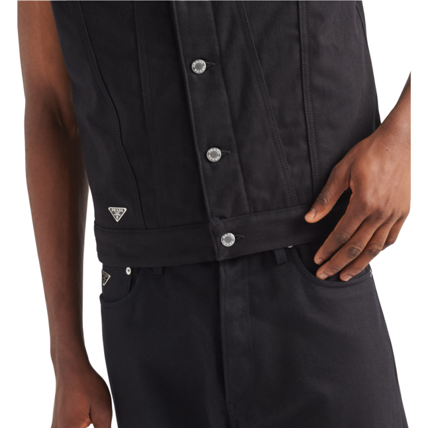 Gilet sans manches PRADA denim coton noir logo triangle métal