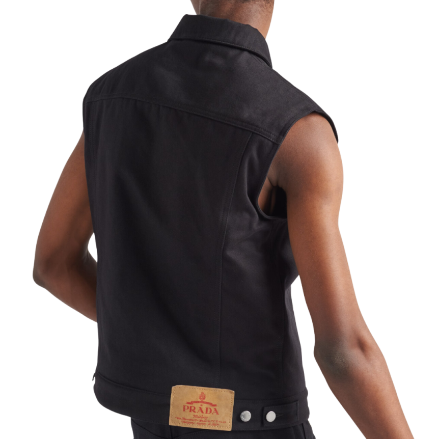 Gilet sans manches PRADA denim coton noir logo triangle métal
