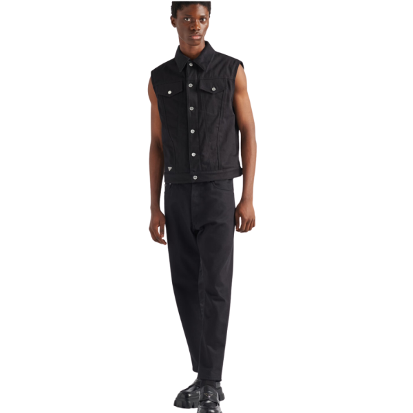 Gilet sans manches PRADA denim coton noir logo triangle métal