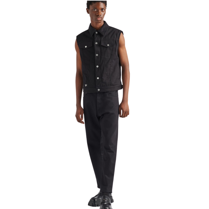 Gilet sans manches PRADA denim coton noir logo triangle métal