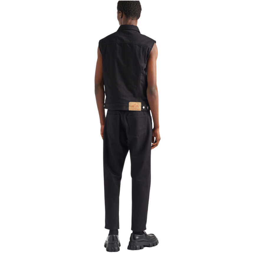 Gilet sans manches PRADA denim coton noir logo triangle métal
