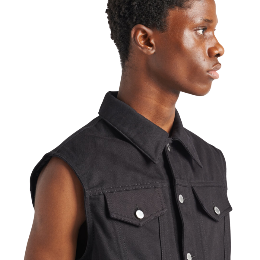 Gilet sans manches PRADA denim coton noir logo triangle métal