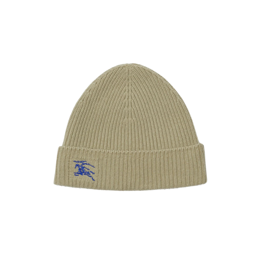 Bonnet BURBERRY cachemire côtelé argile broderie Equestrian Knight bleu