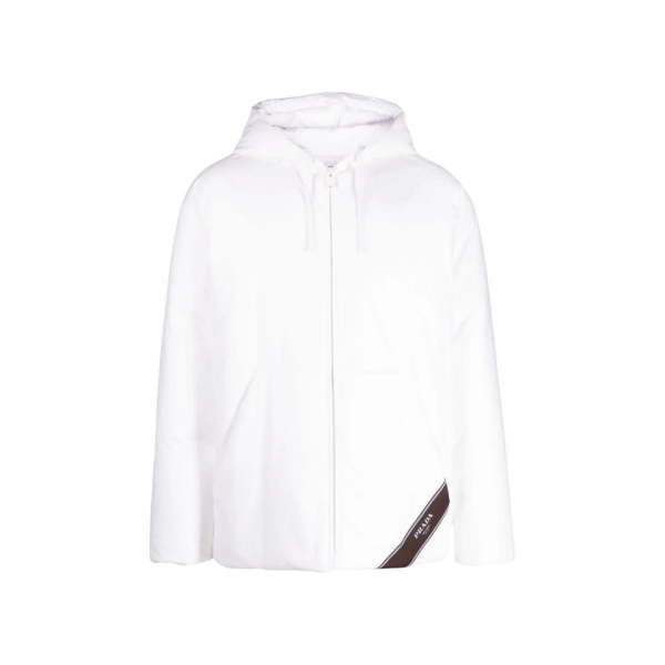 Doudoune PRADA capuche nylon blanc logo imprimé noir