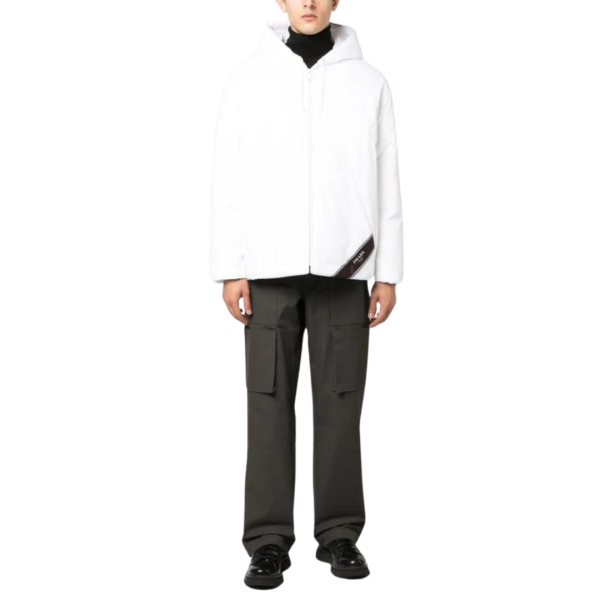 Doudoune PRADA capuche nylon blanc logo imprimé noir