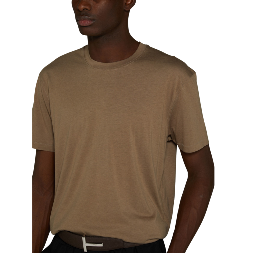 T-shirt manche courte TOM FORD col rond lyocell coton kaki marron