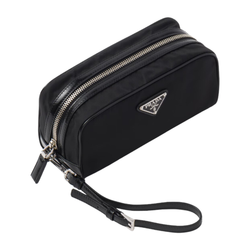 Pochette PRADA trousse nylon cuir brossé' noir logo triangle