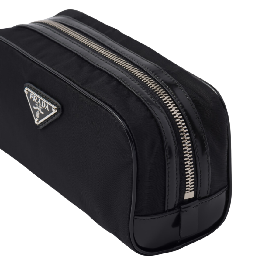 Pochette PRADA trousse nylon cuir brossé' noir logo triangle