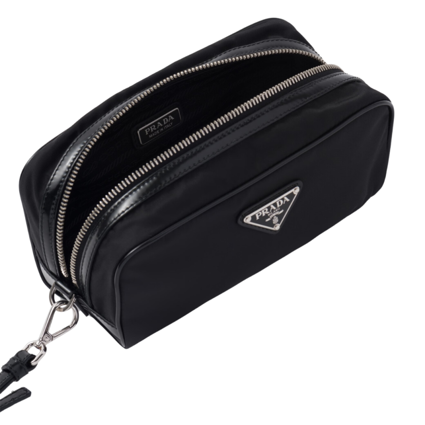 Pochette PRADA trousse nylon cuir brossé' noir logo triangle