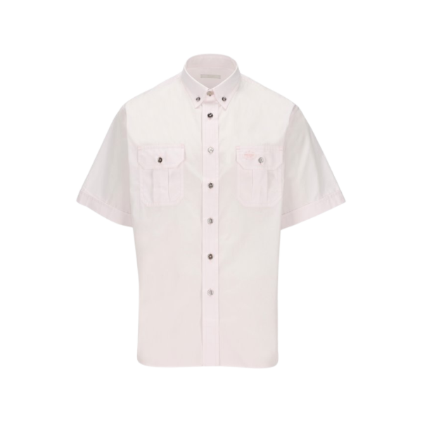 Chemise PRADA manches courtes coton rose boutons argentés broderie logo