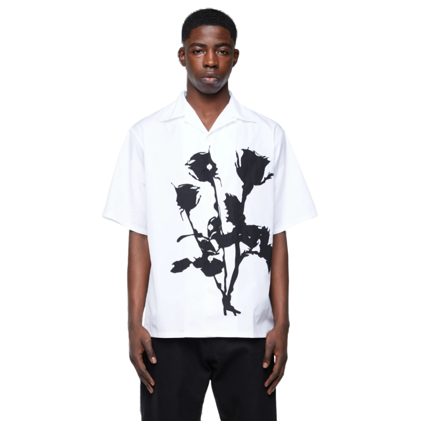 Chemise PRADA Bowling manches courtes coton blanc fleurs noires