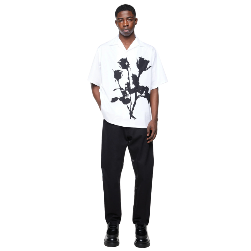 Chemise PRADA Bowling manches courtes coton blanc fleurs noires