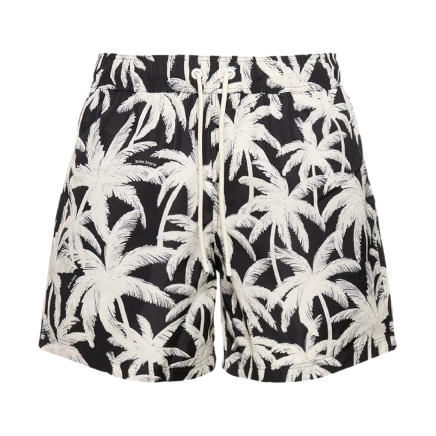 Short de bain PALM ANGELS tissu technique noir imprimé palmiers blanc