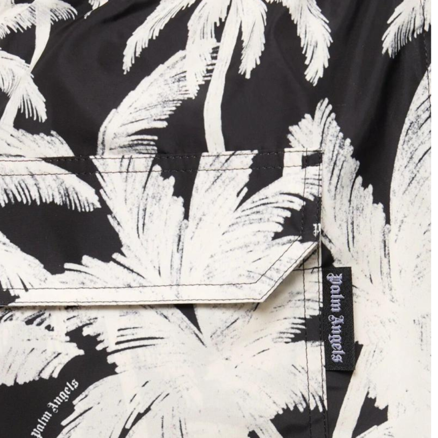 Short de bain PALM ANGELS tissu technique noir imprimé palmiers blanc