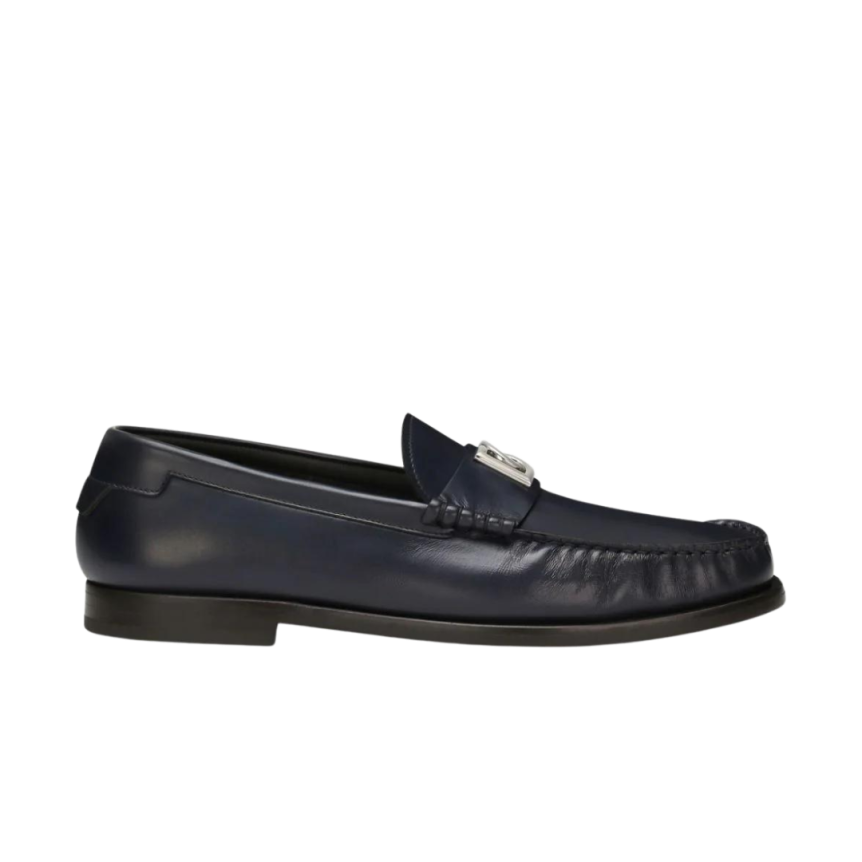 Mocassins DOLCE & GABBANA cuir bleu marine plaque logo DG argent