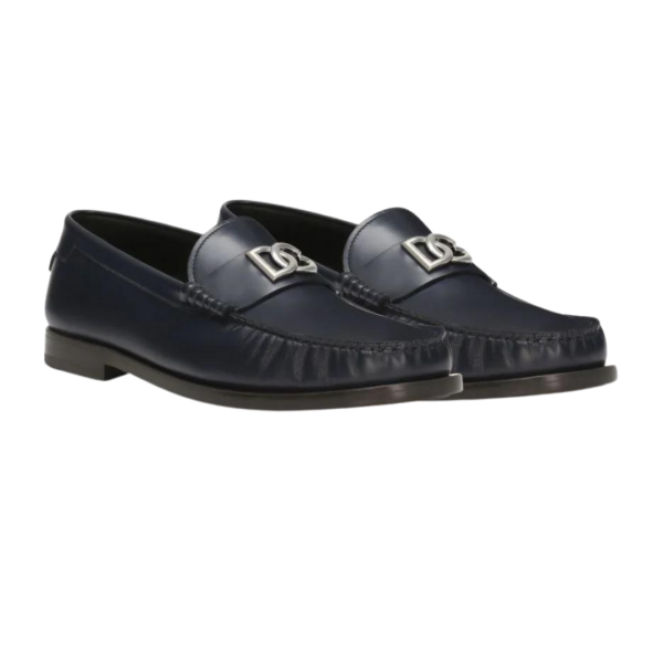 Mocassins DOLCE & GABBANA cuir bleu marine plaque logo DG argent