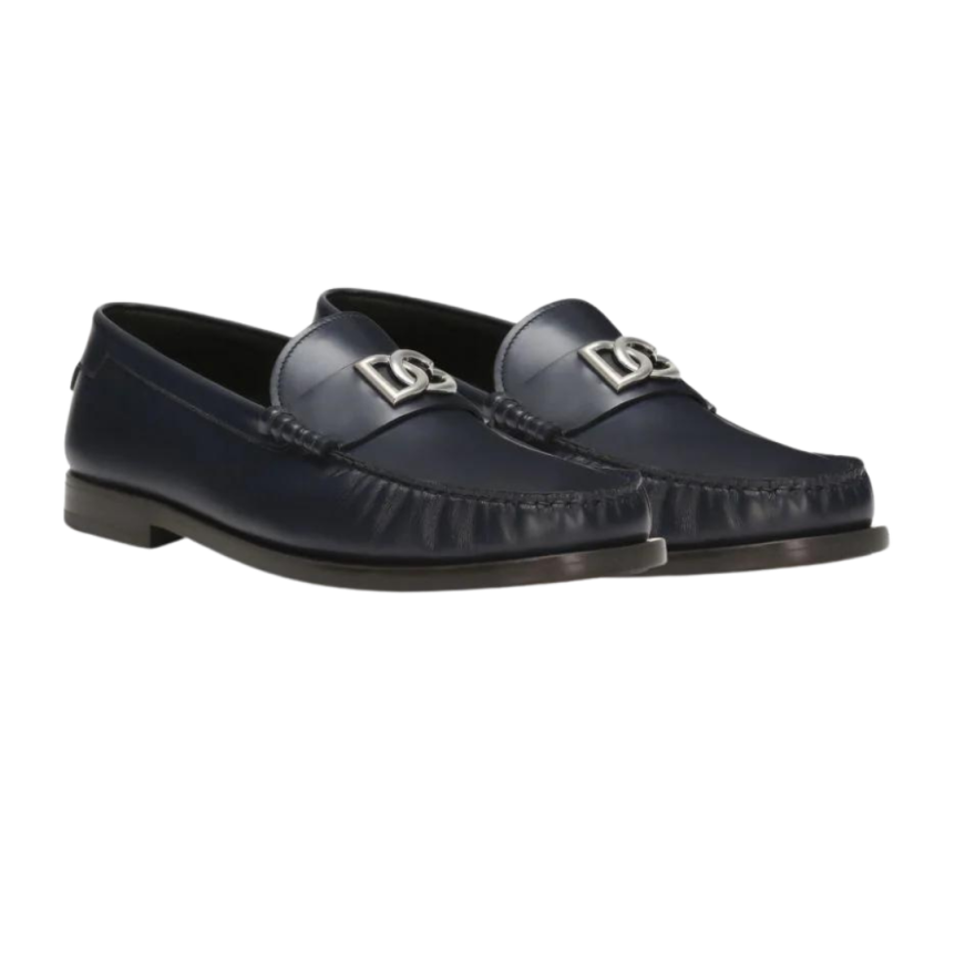 Mocassins DOLCE & GABBANA cuir bleu marine plaque logo DG argent