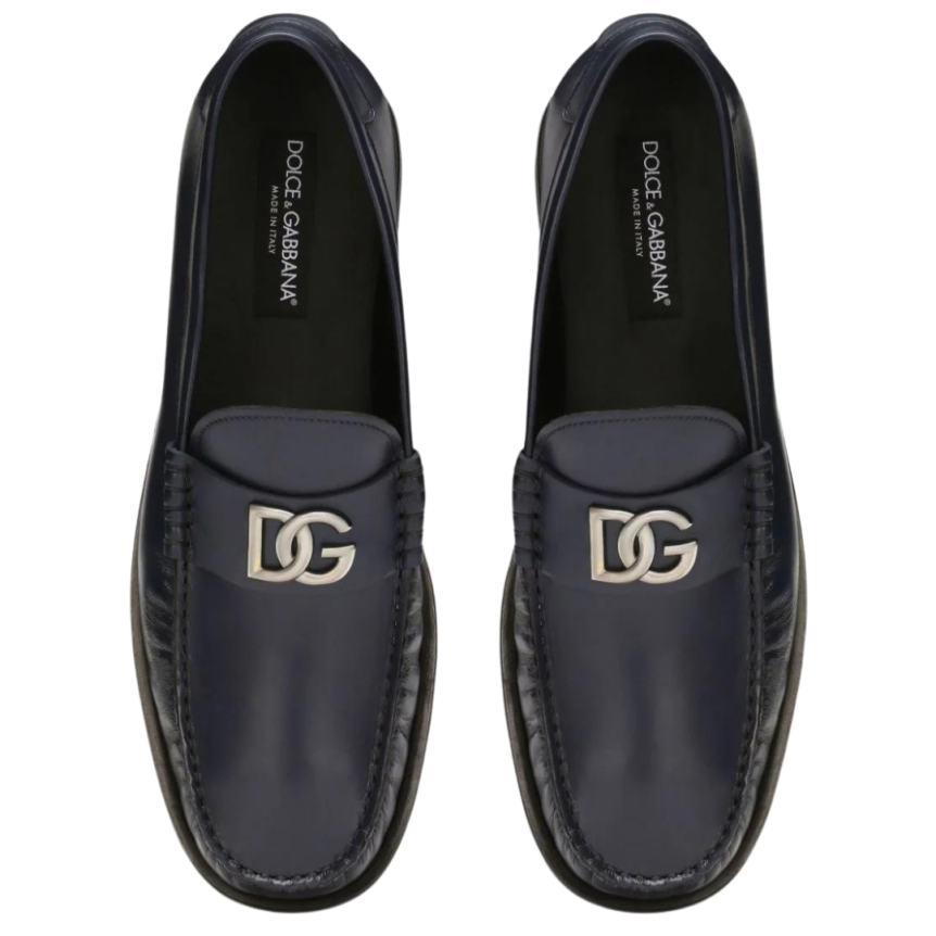 Mocassins DOLCE & GABBANA cuir bleu marine plaque logo DG argent