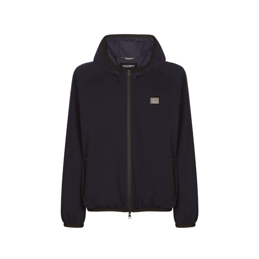 Veste zippée à capuche DOLCE & GABBANA coton bleu nuit plaque métal logo