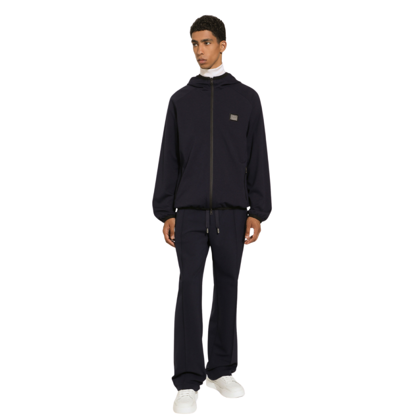 Veste zippée à capuche DOLCE & GABBANA coton bleu nuit plaque métal logo