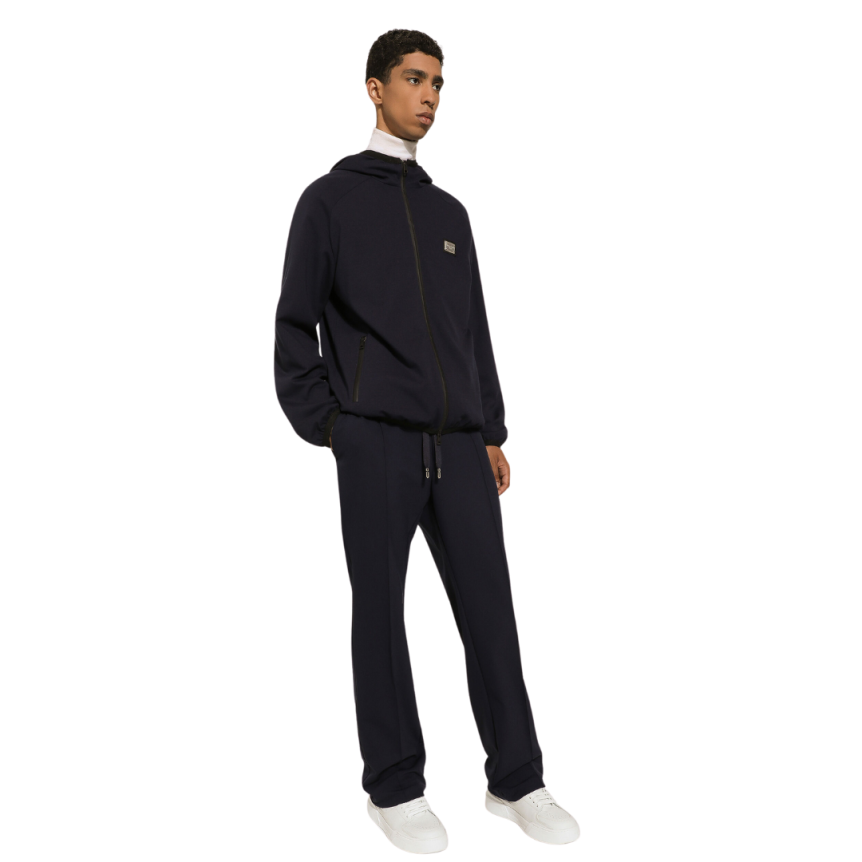 Veste zippée à capuche DOLCE & GABBANA coton bleu nuit plaque métal logo
