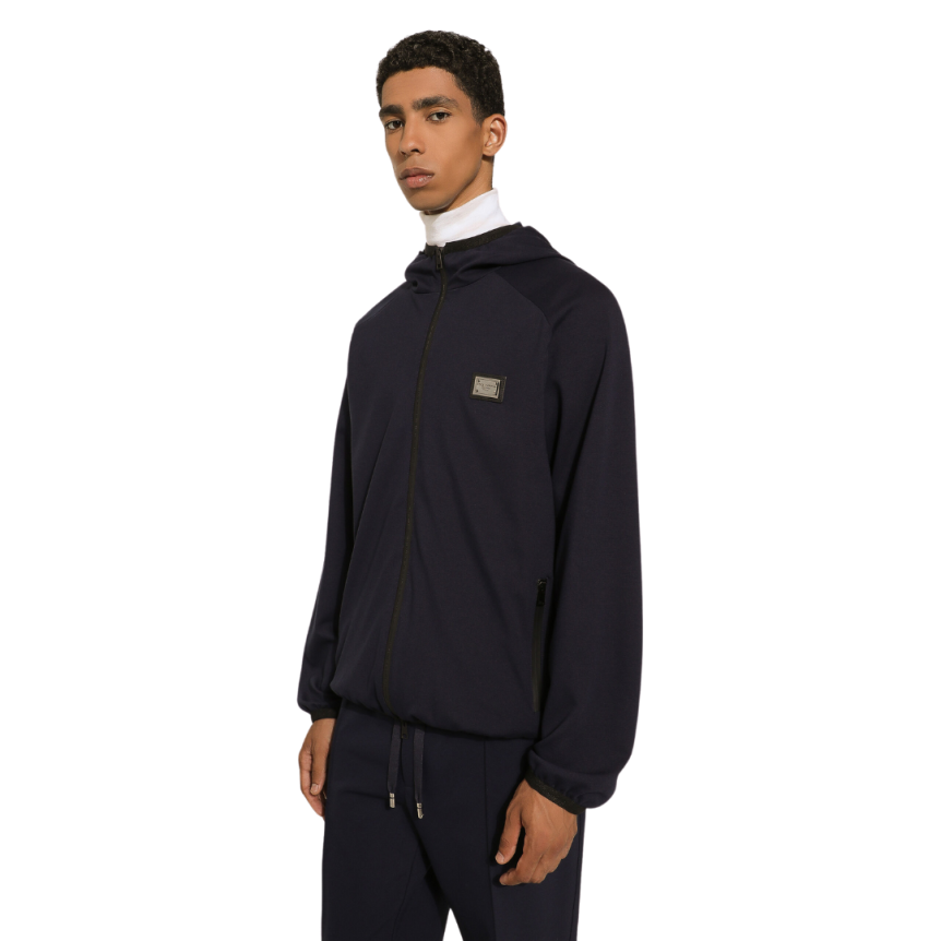 Veste zippée à capuche DOLCE & GABBANA coton bleu nuit plaque métal logo
