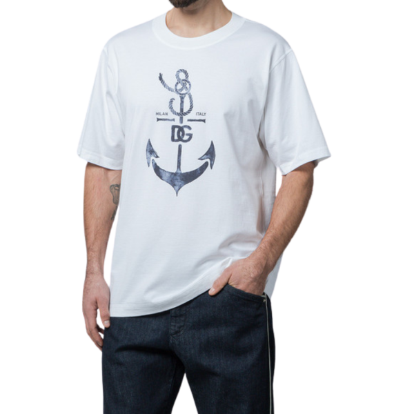 T-shirt DOLCE & GABBANA manche courte coton blanc ancre marine logo dg