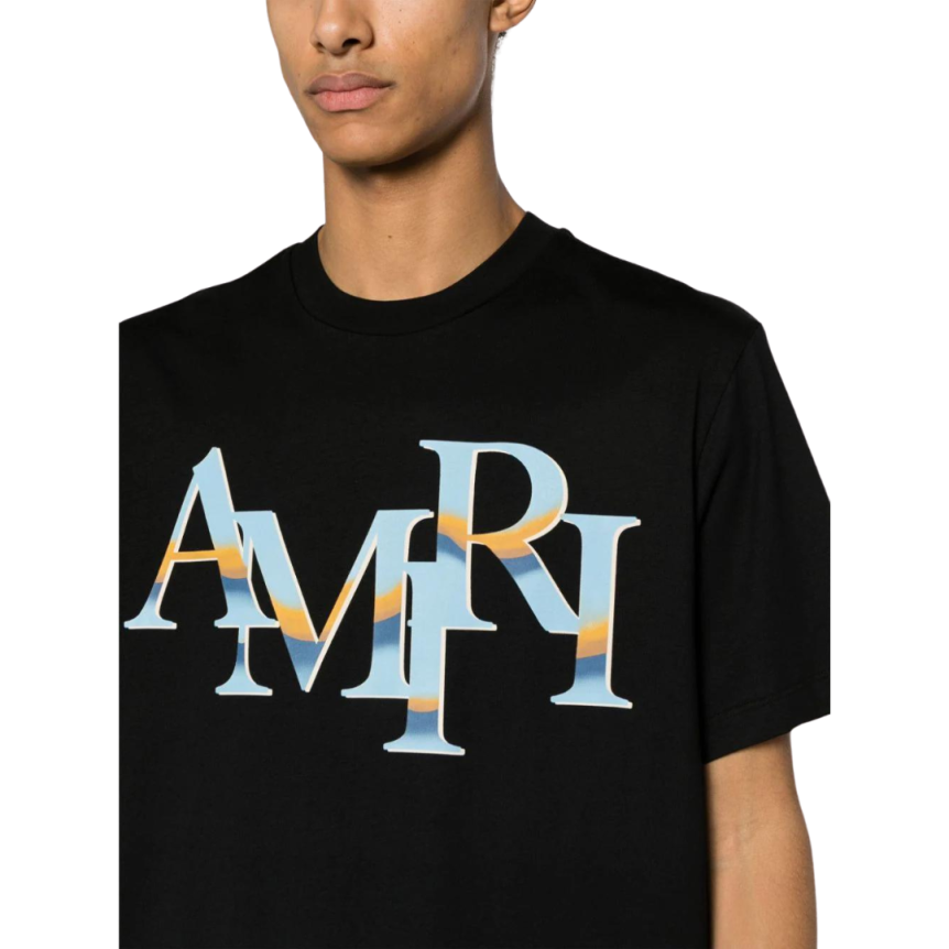 T-shirt AMIRI col rond Décalé Chrome coton noir logo bleu ciel dégradé
