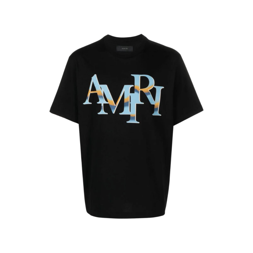 T-shirt AMIRI col rond Décalé Chrome coton noir logo bleu ciel dégradé