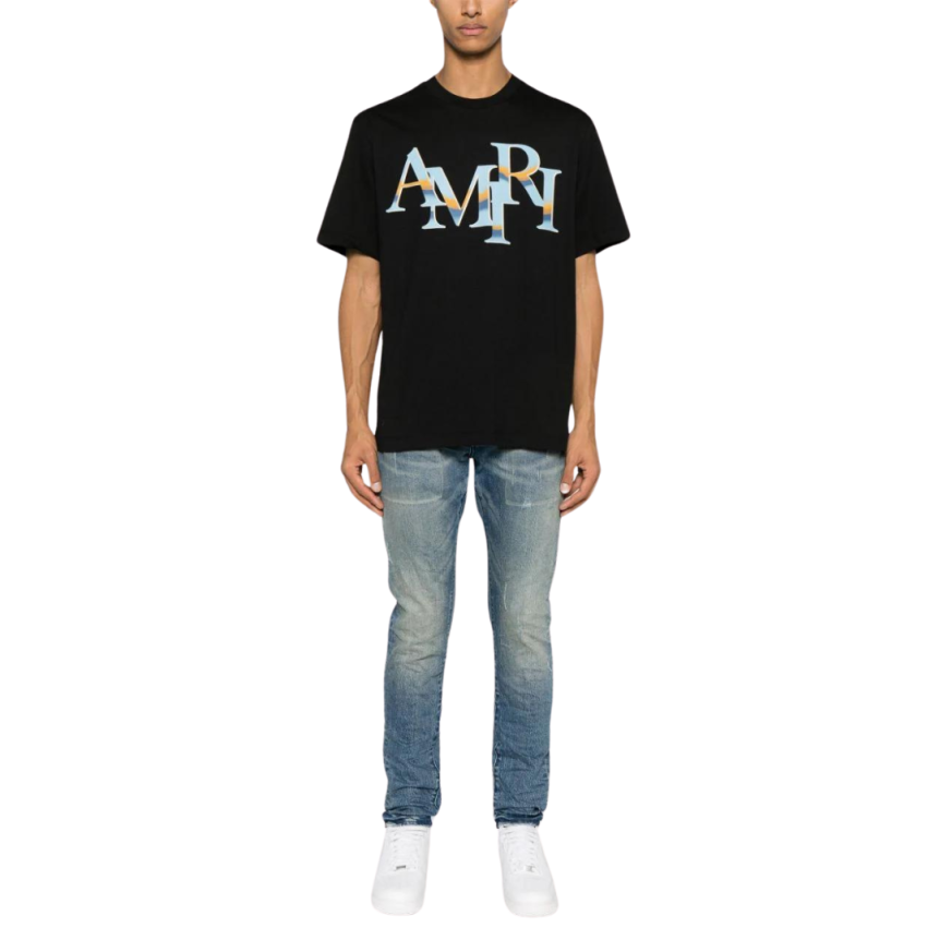 T-shirt AMIRI col rond Décalé Chrome coton noir logo bleu ciel dégradé
