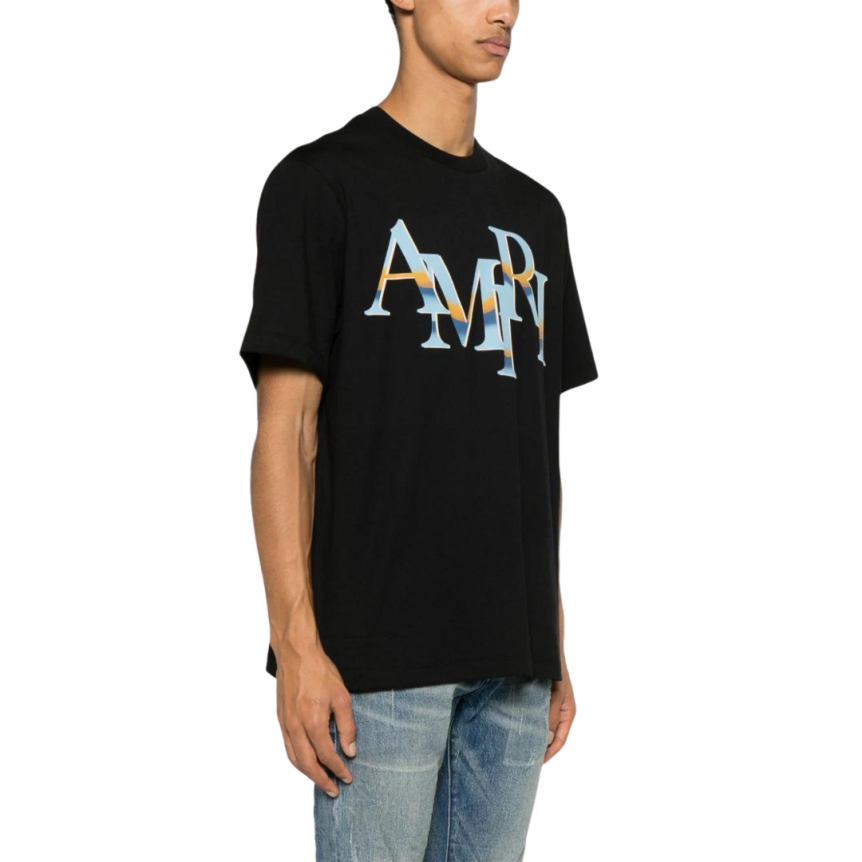 T-shirt AMIRI col rond Décalé Chrome coton noir logo bleu ciel dégradé