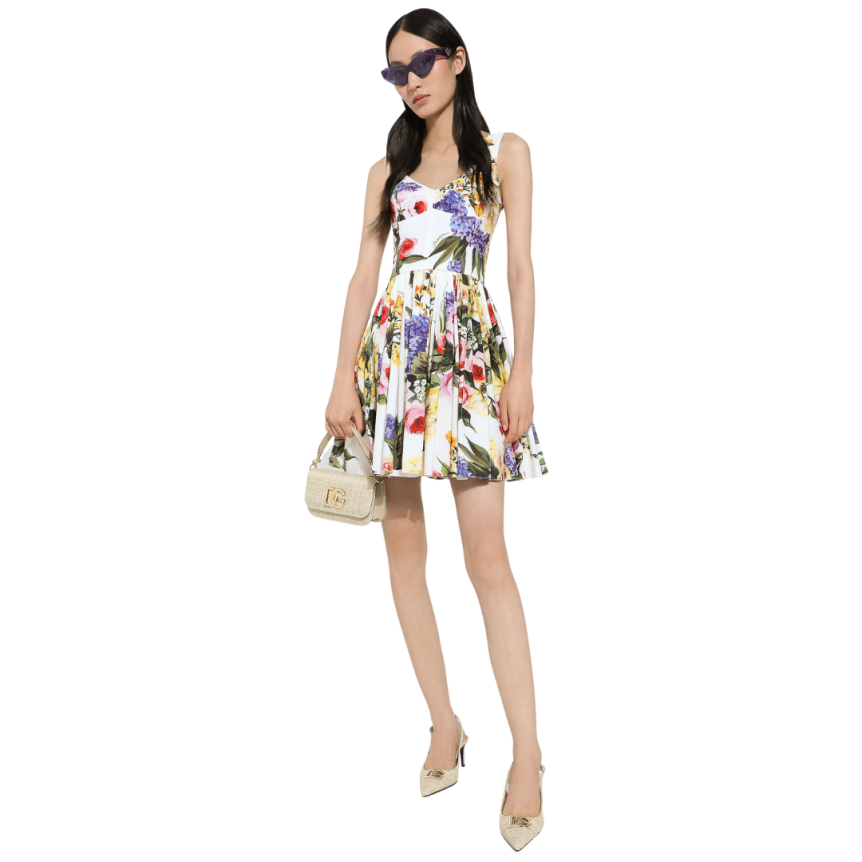 Robe courte DOLCE & GABBANA corset bretelles coton blanc imprimé fleuri multicolore