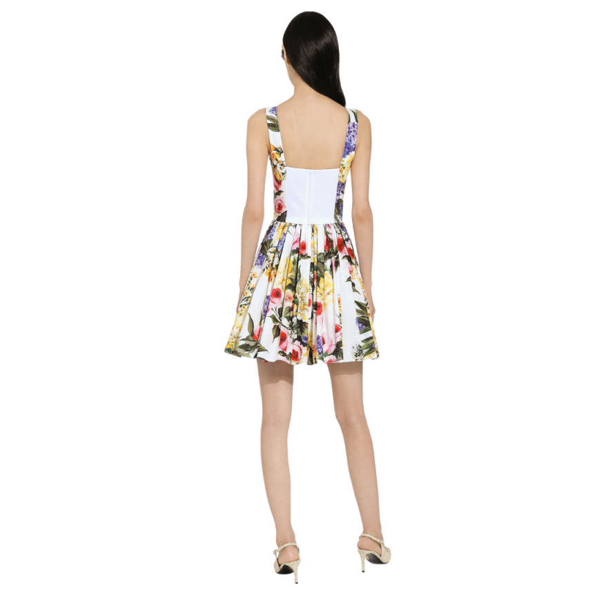 Robe courte DOLCE & GABBANA corset bretelles coton blanc imprimé fleuri multicolore