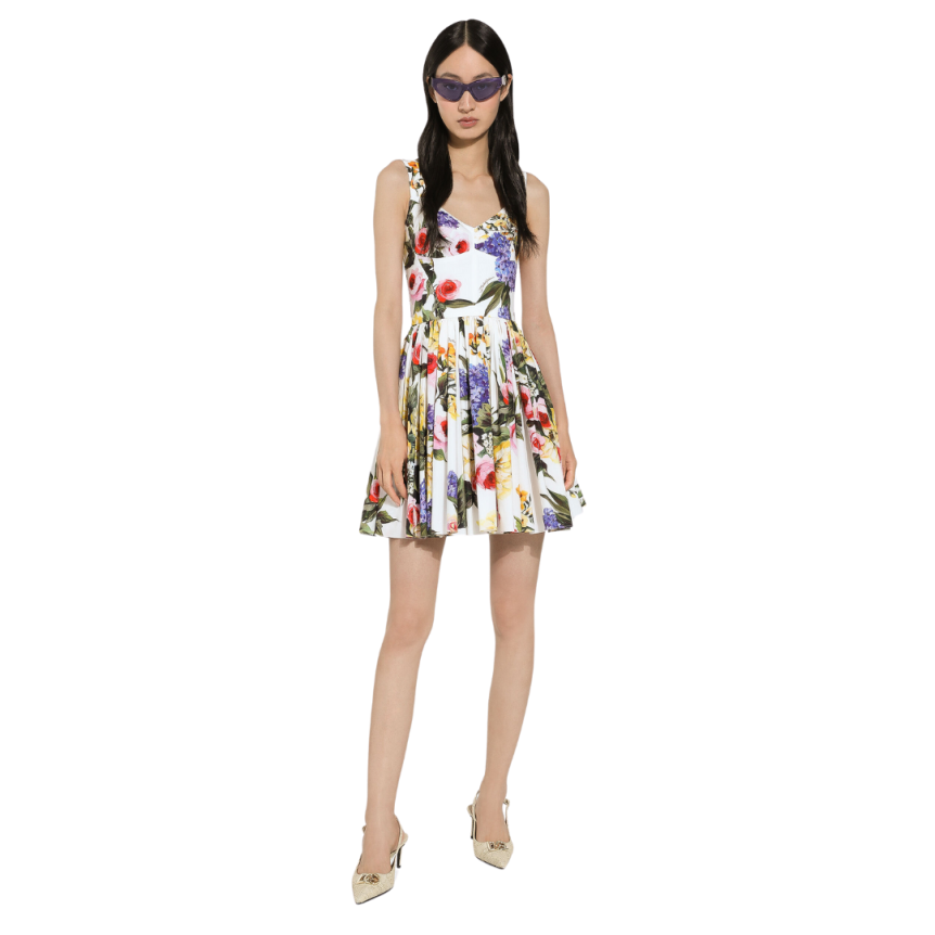 Robe courte DOLCE & GABBANA corset bretelles coton blanc imprimé fleuri multicolore
