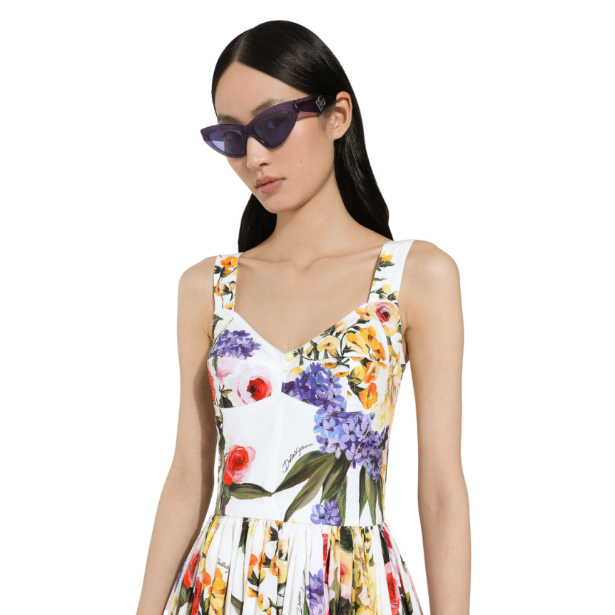Robe courte DOLCE & GABBANA corset bretelles coton blanc imprimé fleuri multicolore