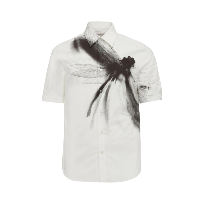 Chemise manche courte ALEXANDER MCQUEEN coton blanc écru Libellule noire
