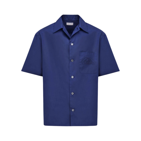 Chemise ALEXANDER MCQUEEN manche courte coton bleu indigo broderie logo poche