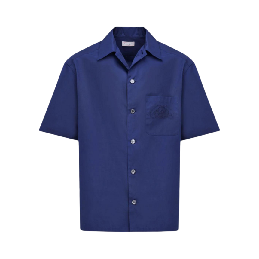Chemise ALEXANDER MCQUEEN manche courte coton bleu indigo broderie logo poche