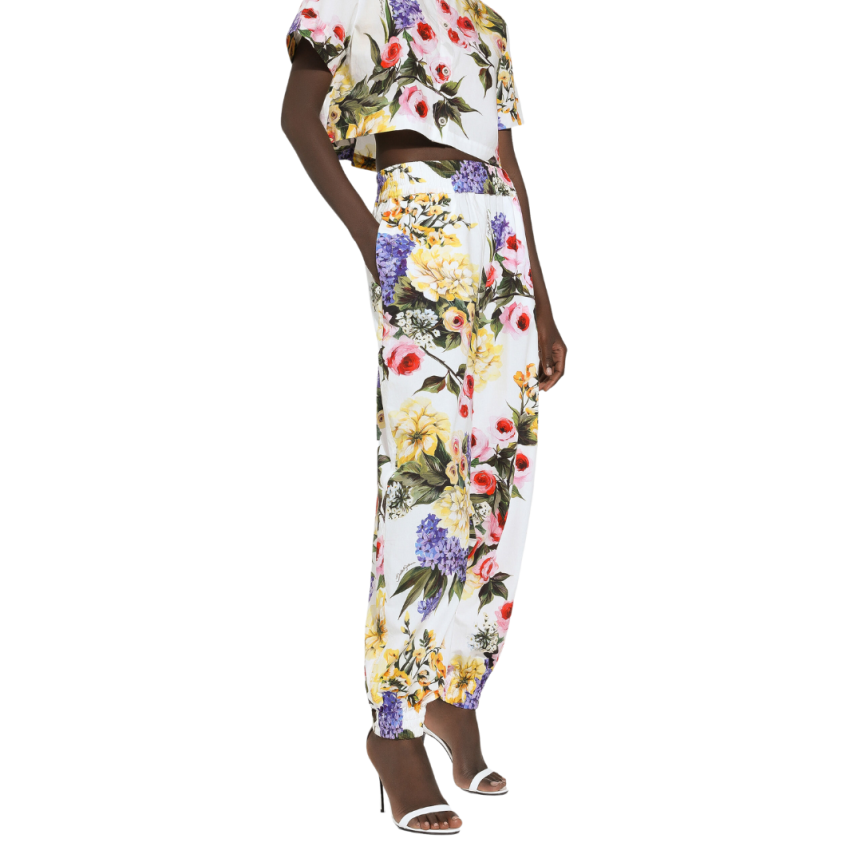 Pantalon ballon DOLCE & GABBANA popeline coton blanc imprimé jardin fleurs multicolore