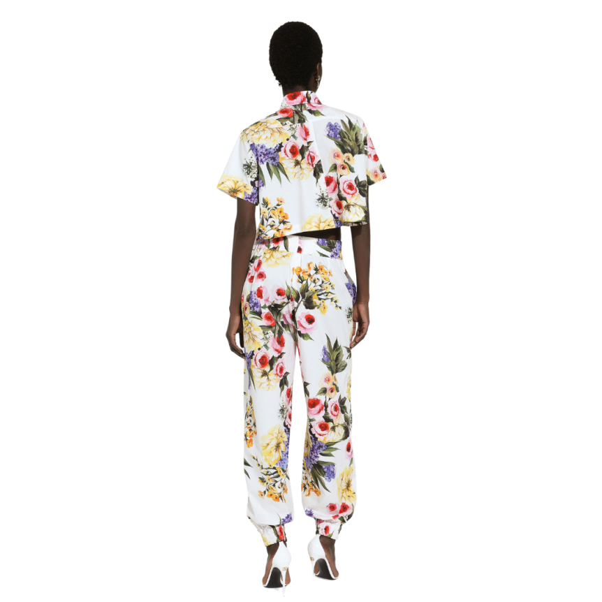 Pantalon ballon DOLCE & GABBANA popeline coton blanc imprimé jardin fleurs multicolore