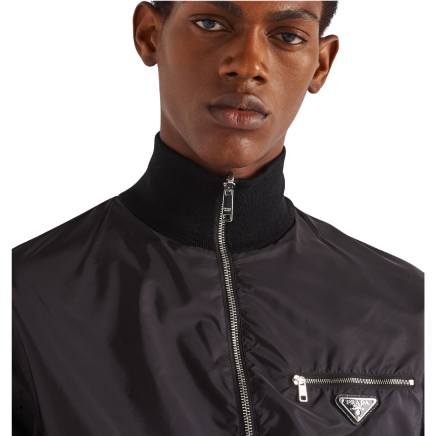Veste zippée PRADA réversible laine nylon noir logo triangle métal