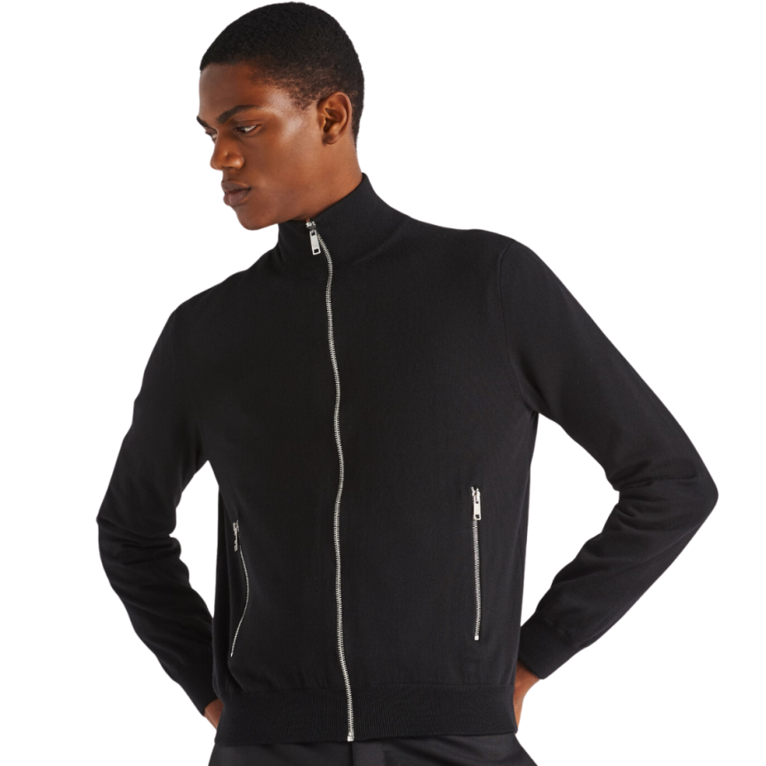 Veste zippée PRADA réversible laine nylon noir logo triangle métal