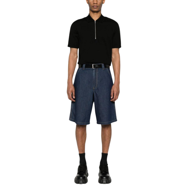 Short bermuda PRADA large jeans denim coton bleu logo métal