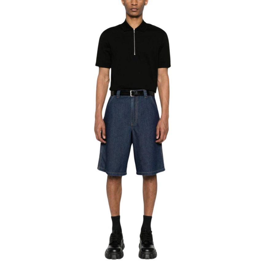 Short bermuda PRADA large jeans denim coton bleu logo métal
