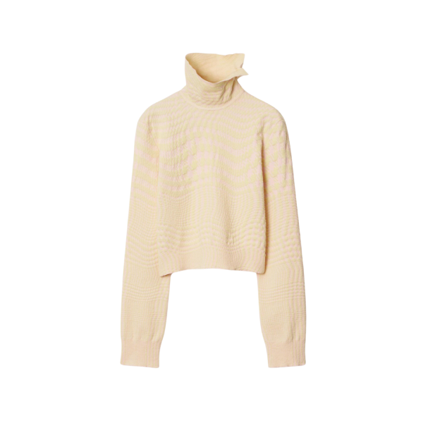 Pull BURBERRY col montant laine mélangée pied de poule rose jaune