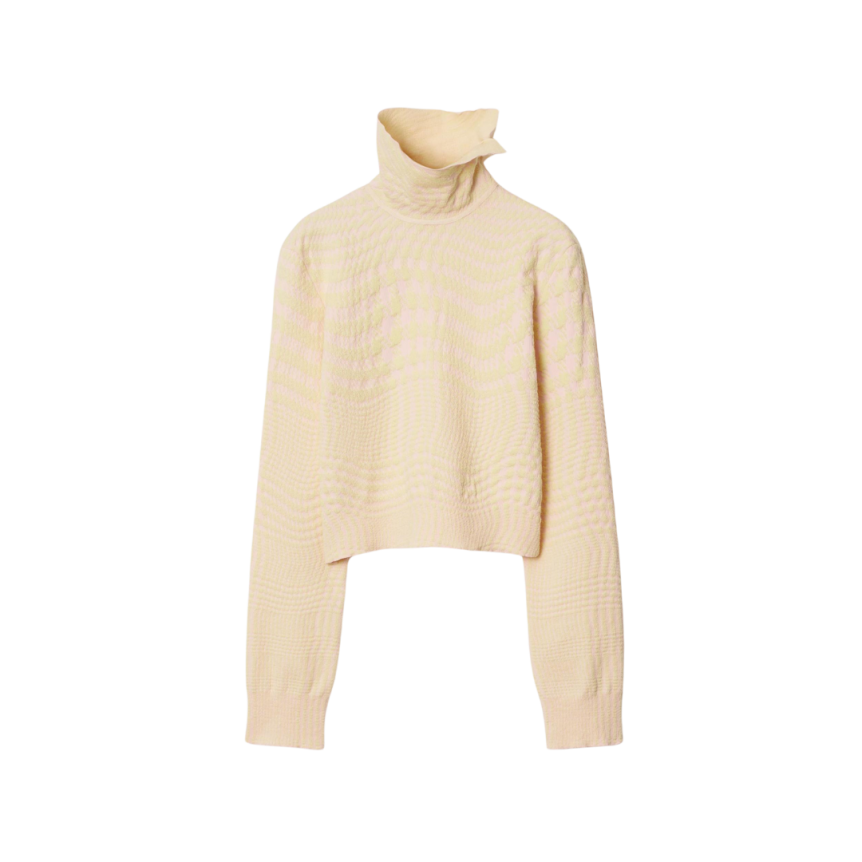 Pull BURBERRY col montant laine mélangée pied de poule rose jaune